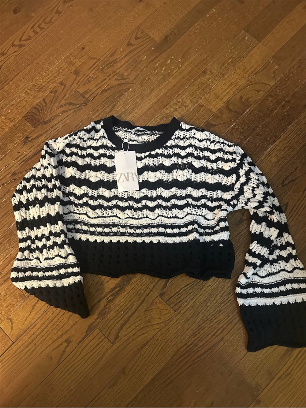 Zara Black & White Cropped Textured Stripe Sweater